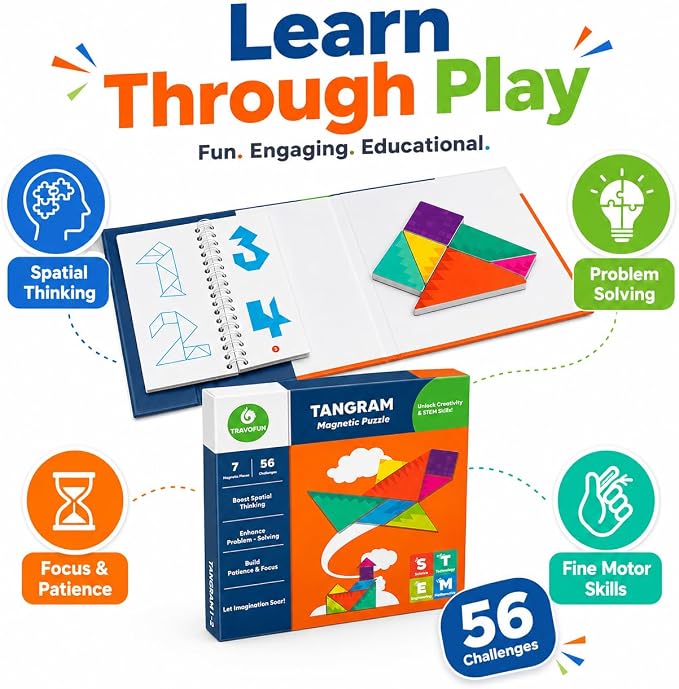 TRAVOFUN Magnetic Tangram Puzzle | Travel Games for Kids Ages 4-8 | Travel tangram puzzle with 7 magnetic pieces and 56 challenges builds spatial thinking in a compact 6.5-inch activity book.
