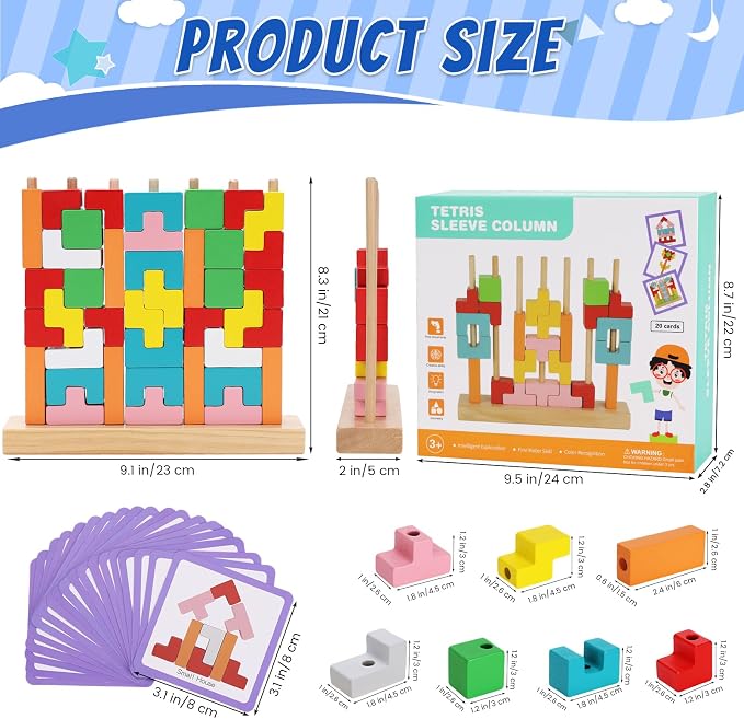 Wooden Stacking Puzzle Toy, 3D Colorful Wood Russian Blocks Puzzle Games Brain Teasers Montessori Toys for Toddler Kids 3 4 5 6 7 Years Old Boys Girls (Colorful B)
