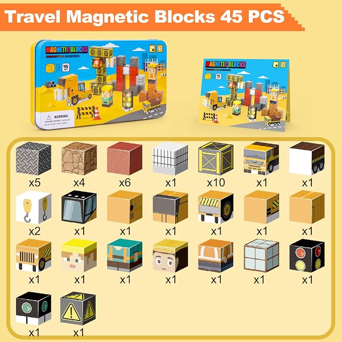 Travel Magnetic Blocks 45 PCS Mini Building Cubes with Case Construction | Travel Toy for Airplane Plane Car Road Trip, Mini Cubes STEM Learning Portable Building Toys Gift for Toddler Kids Ages 3-5