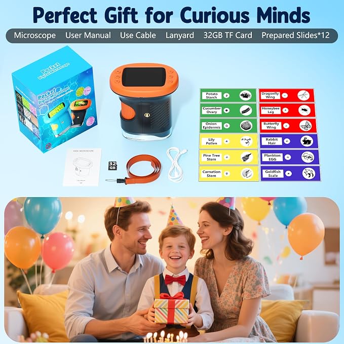 Odatay 2.4" 4K 1000X Digital Kids Microscope with 32G Card 12 Slides Orange | Long distance viewing, portable handheld edu gift toys for age 3-12, exploring bugs plants at home classroom & outdoor travel