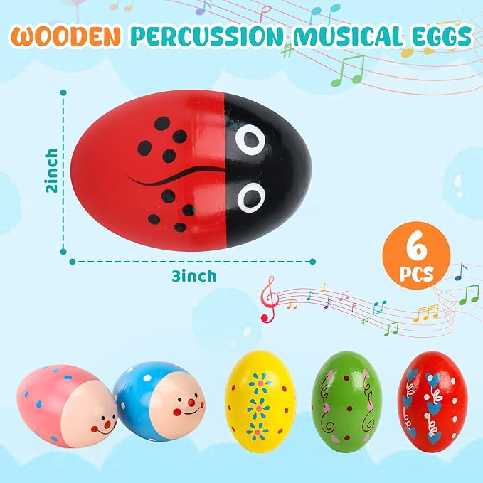 6 PCS Egg Shakers, Wooden, Multicolor | Hand Percussion instruments, Baby Party Favors, Music Toys for Kids, Birthday Gifts