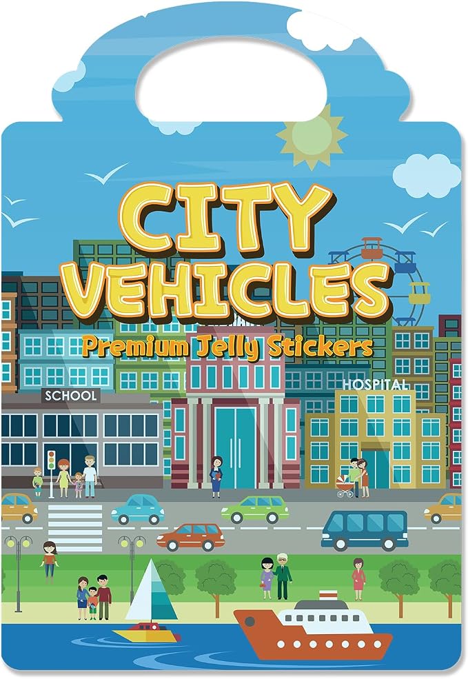 Reusable Sticker Book for Toddlers 3-6, Jelly Stickers for Kids, Sticker Activity Book Travel Toys for Car & Airplane, Educational Learning Gifts for Boys and Girls (Vehicles Cars theme)