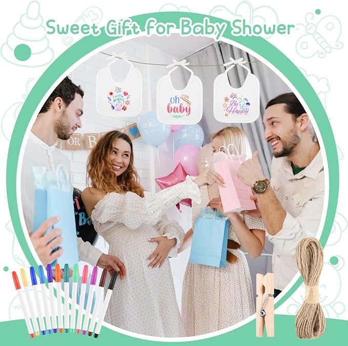 BOUBONI 55 Pcs DIY Baby Bibs Decorating Set Includes 10 White Bibs 12 Fabric Markers 12 Stencils 20 Clothespins 1 Hemp Rope for Baby Shower Games Boys Girls