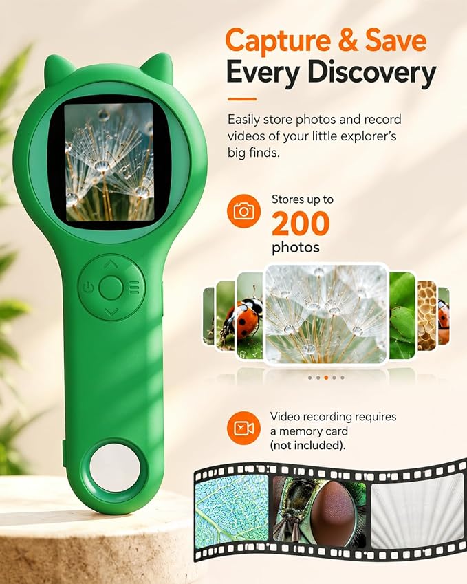 Nature Exploration Microscope for Kids, 500X Portable Digital Microscope with 2" IPS Screen, Plant Leaf Observation STEM Toy Age 5-12 (Green)