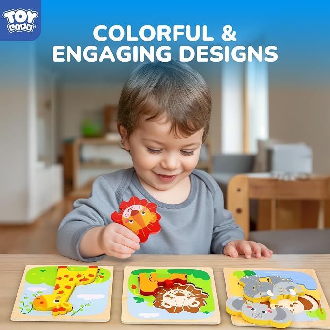 TOY Life Wooden Puzzles for Toddlers 2-4, Montessori Toys for 1 2 3 Year Old Boys Girls, 4 Piece Animals Puzzles Educational Learning Toys, Birthdays Gifts Toy for 2 Year Old Girl Boy