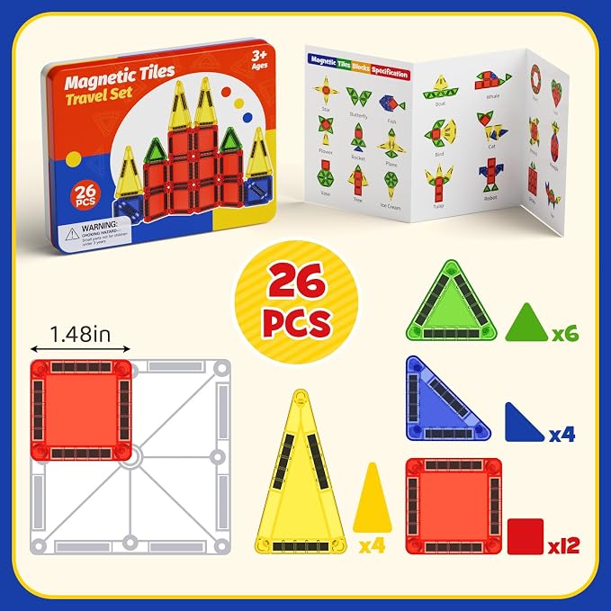 WMXDU Mini Magnetic Tiles with Iron Case, Kid's Travel Essential | Portable Creativity On-The-Go Magnet Blocks STEM Travel Toys for Toddler Boys Girls Ages 3+, 26-Piece
