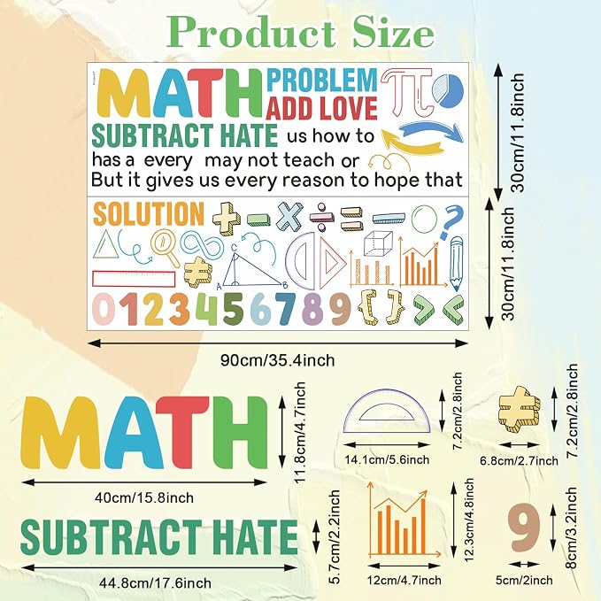 LHIUEM 2 Sheets Large Math Quotes Wall Decals,Inspirational Mathematics Wall Stickers,Big Geometry Symbols Stickers,Fun Math Decals Blue Orange Colors,Full Algebra Posters for School Classroom Nursery