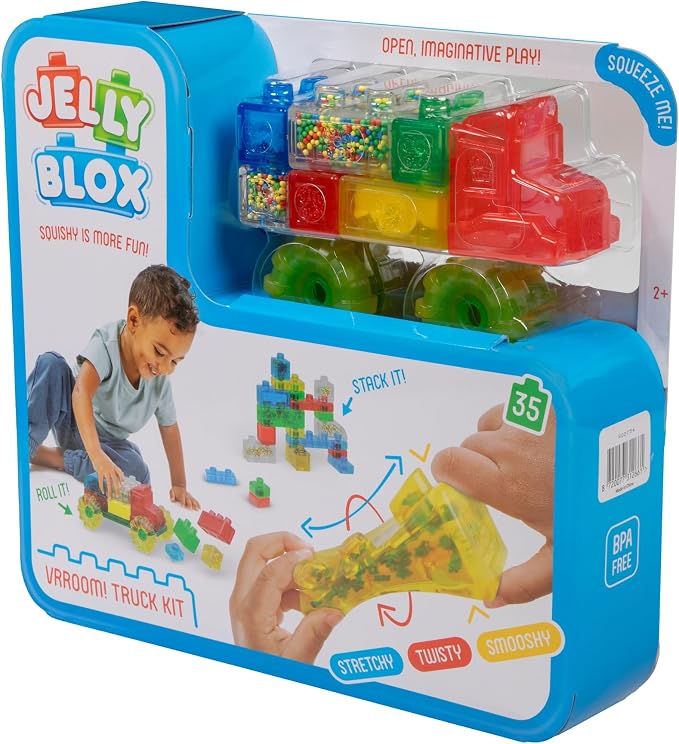 Jelly Blox Vrroom! Truck Kit Includes 35 Blocks, Toddler & Preschool | Building Blocks Kids Can Squeeze, Stretch, Squish | MESH ACCREDITED | Safety Tested Ouch-Free | Sensory Play Toy Ages 2+