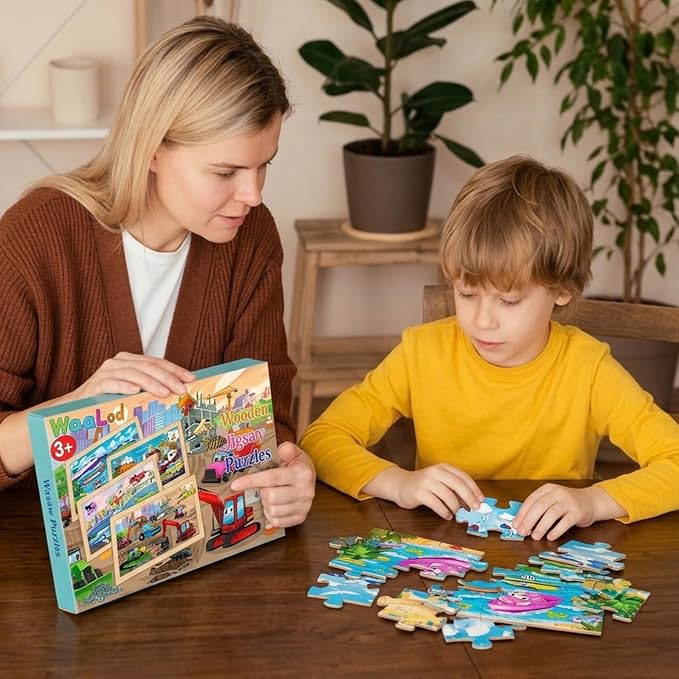 Wooden Puzzles for Kids Ages 4-6, 4 Pack 24 Pcs Toddler Puzzles Set for Ages 3-5, Educational Learning Toys Gift for Boys Girls 3 4 5 6 Year Old, Vehicle Transport Construction Car
