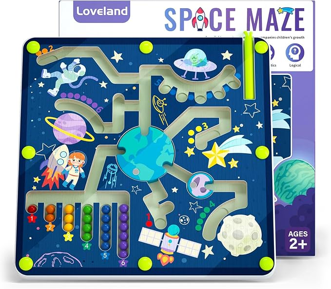 LOVELAND Magnetic Color and Number Maze - Wooden Montessori Toys for 2-3 Year Old, Space Theme Fine Motor Sorting Board, Travel Learning Activities, Toddler Quiet Puzzle Gift