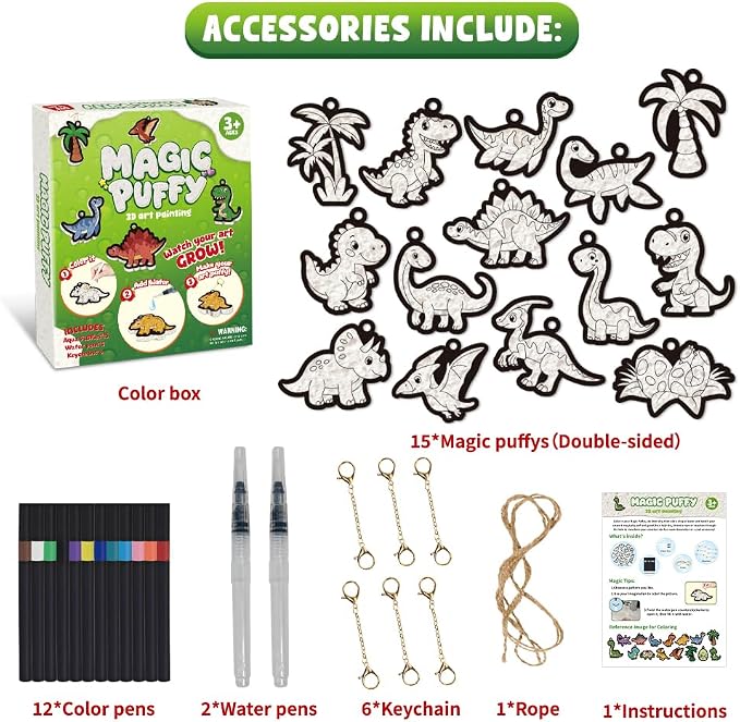 Artnedu Magic Puffy Paint Kit for Kids,Dinosaur Theme,Mess-Free DIY Toy | 3D Color Activity,Screen-Free Entertainment,Paint by Number Craft for Kids,Gift for Girls & Boys Ages 4, 5, 6, 7, 8, 9, 10