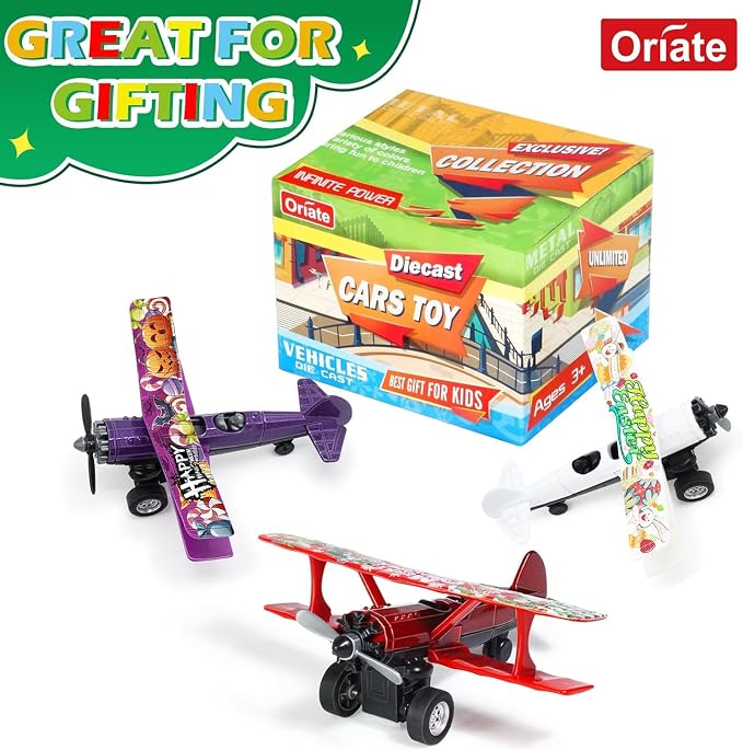 Oriate 3 Pack Die-Cast Pull Back Toy Airplane Set, Aircraft Model Toy Airplanes, Party Favor Gifts, Christmas, Halloween, Easter, Birthday, for Boy and Girl 3 Years Old and Up