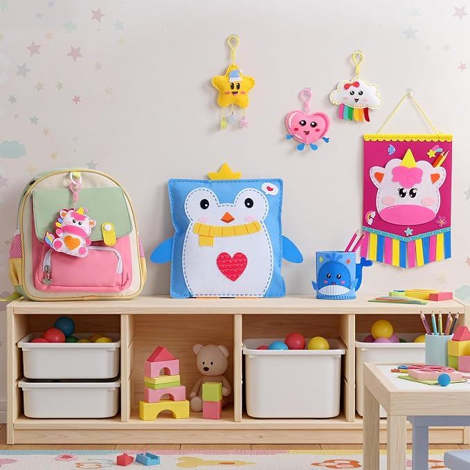Felt Sewing Crafts for Kids Ages 4-12, 10 DIY Projects Kids Sewing Kit | Funtopia Learn to Sew with Tutorial for Plush Pillow Hanging Organizer Handbag, Beginner Sew Toys and Birthday Gift for Girls