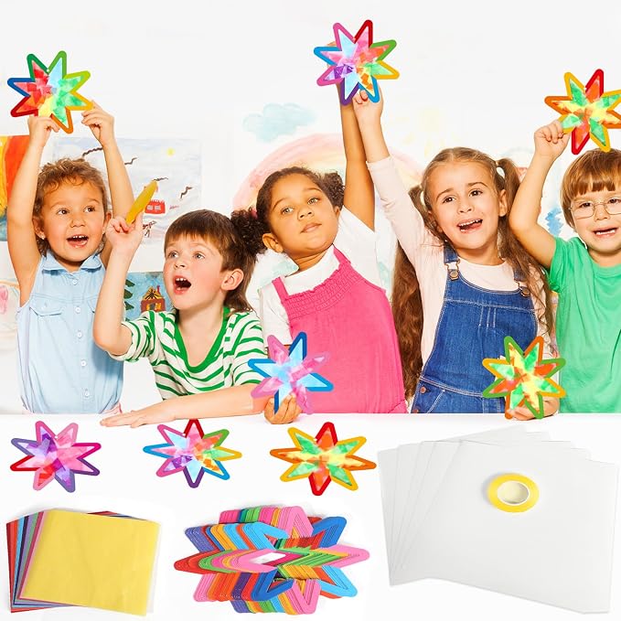 Qyeahkj 36 Set Summer Star Suncatchers Crafts for DIY Star Window Tissue Paper Craft Kit Art Ornament Hanging Decor for Home Activity Art Project Birthday Party Favors Gifts