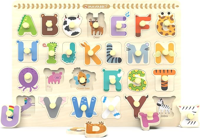 Wooden Peg Puzzle for Toddlers, Alphabet Learning Toys, Baby Puzzles Alphabet Board for Kids, Preschool Knob Puzzle for Boys Girls, Chunky ABC Shape Puzzles for 2 3 4 Year Old