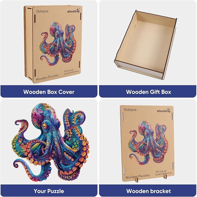 Qiuenisray 500 Piece Puzzles for Adults, Wooden Octopus Jigsaw Puzzles | FSC Certified Cool Puzzles, Unique Shape Ocean Puzzle Piece, Wall Decor, Wood Creative Gift for Family Game 16.9x16.9 in