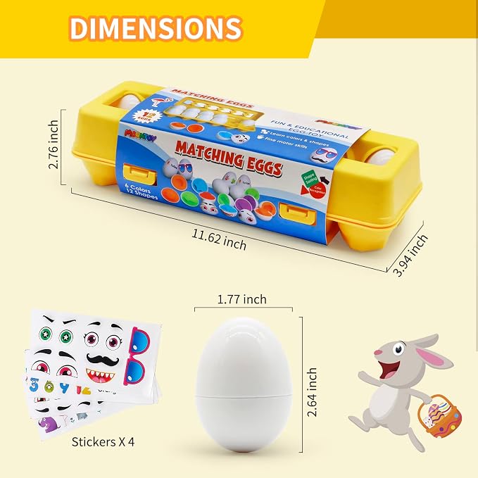 MOONTOY Matching Eggs for Toddlers 2-4, 12PCS Preschool Educational Learning Color & Shape Sorter Sensory Montessori Toy Toddler Easter Eggs Basket Stuffers Gift for 18M+ Year Old Kid Baby Boy Girl