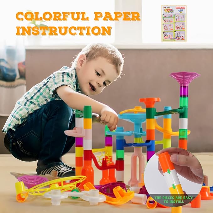 MaxTronic Marble Run Kit, 166Pcs Marble Maze Building Block Toys for Kids, STEM Learning Toys Marble Track Race Set with 30 Glow in The Dark Glass Marbles Birthday Gift Toys for Boys & Girls Aged 3-12