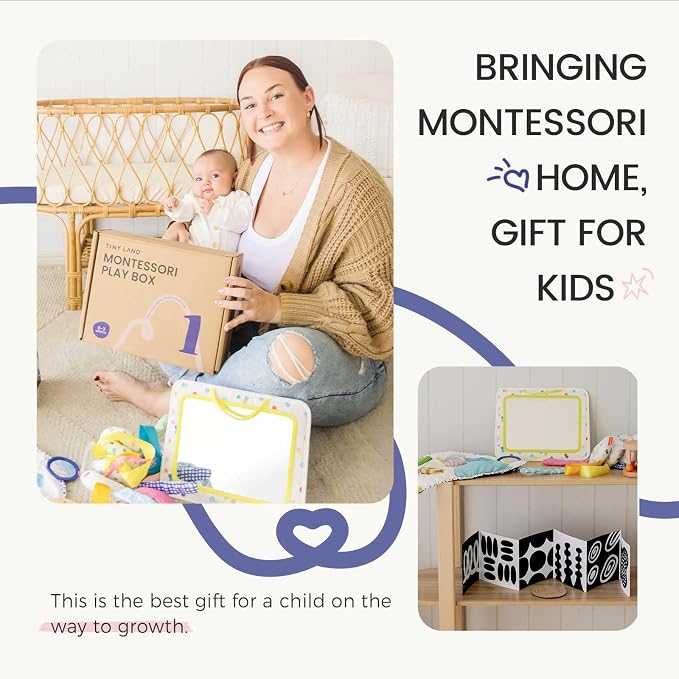 Tiny Land Montessori Baby Toy Set 0-3 Months 5 in 1 Sensory Kit | Mirror, black and white cards, rolling bell, play mat, bed wrap, tummy time, visual and auditory play, newborn gift