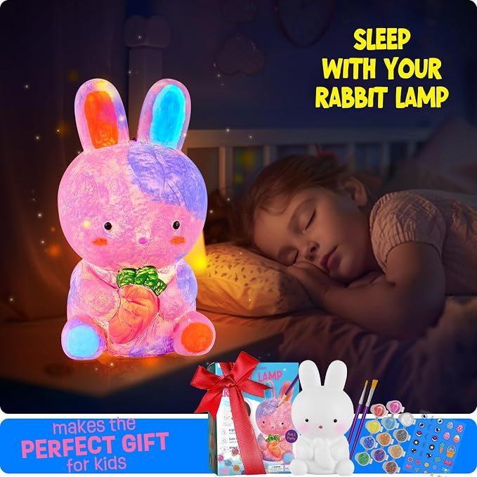 Paint Your Own Bunny Lamp Kit, Crafts for Kids Ages 6-12, Gifts for Girls | Bunny painting kit with paints and 3D night light; DIY arts and crafts activity and birthday or Easter gift for kids