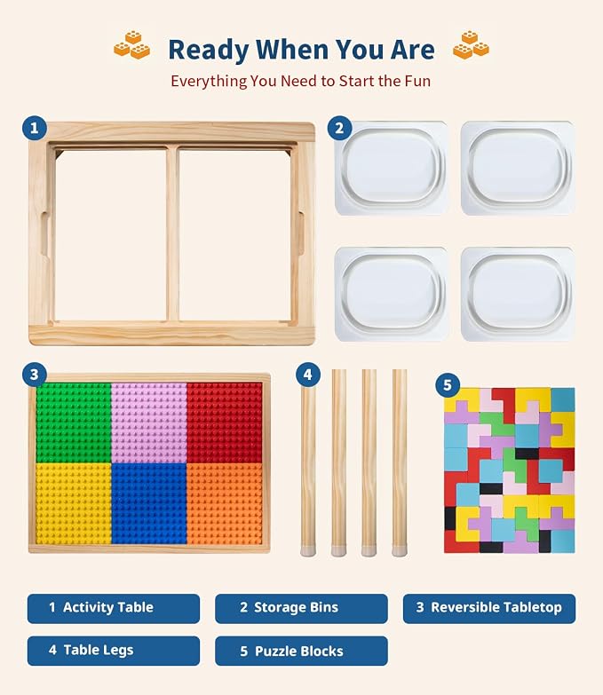 28" Kids Activity Table, Compatible with Lego & Duplo Bricks Play Desk | 4 Foldable Storage Bins, Premium Solid Pine Wood, Reversible Tabletop for Multi-Child STEM Learning & Crafts