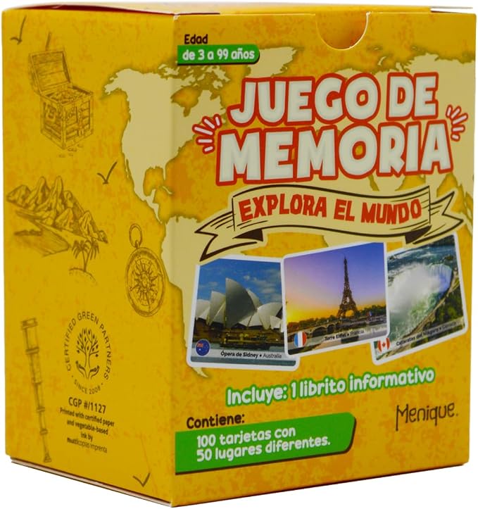 Menique Explore the World Memory Matching Game – Spanish Edition – 100 Cards (50 Pairs) with Iconic Landmarks, Country & Flag – Educational Geography Game in Spanish.