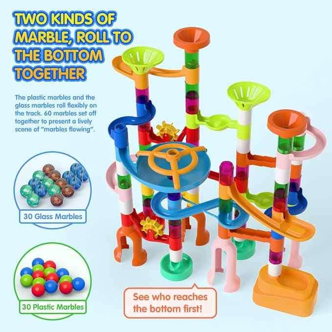 MaxTronic Marble Run for Kids,135 PCS Marble Maze Track Set - Educational Building Block Toys Set for Boys Girls STEM Learning (75 Blocks + 60 Marbles)