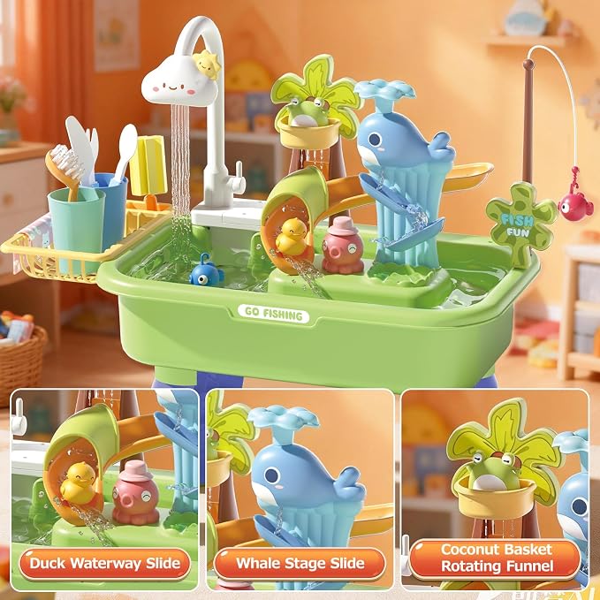 Water Table for Toddlers 1-3 with Pump, Spring-Green | 22Pcs Toy Accessories, 4L Basin, Fishing & Kitchen Sink. Outdoor Sensory Toy for Toddlers 1.5-3