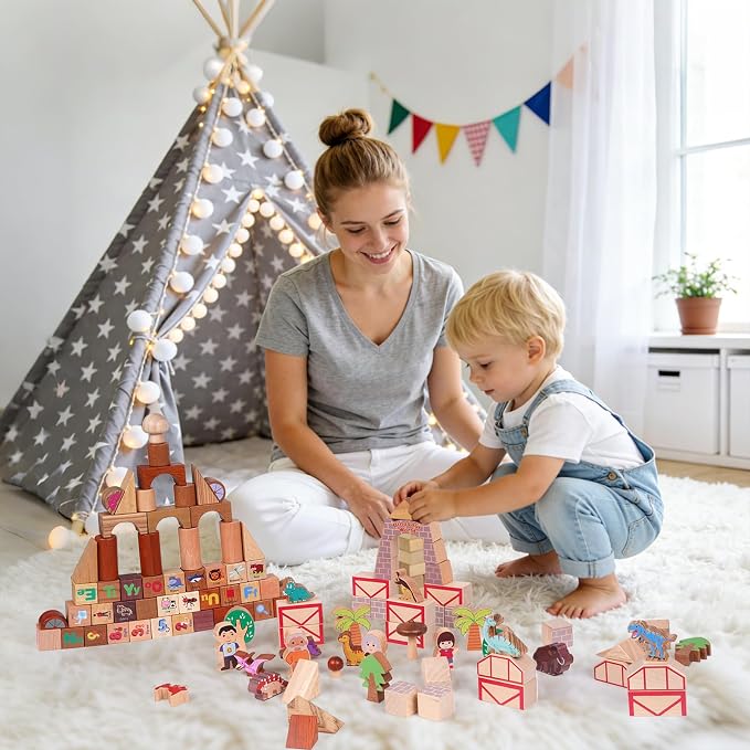 145-Piece Wooden Building Blocks Set –Dinosaur Park –Montessori Educational Construction Toy Made from 10 Premium Hardwoods, STEM Learning Blocks for Toddlers & Kids Ages 3–6