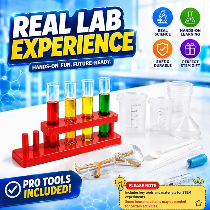 Science Experiment Kit for Kids 6-12, STEM Chemistry Set with Volcano | 130+ science activities with volcano eruption, crystal growing, slime making and lab experiments, STEM gifts for boys & girls
