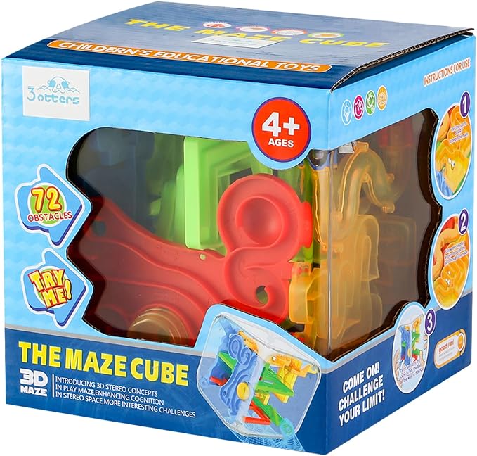 3 Otters 3D Puzzle Maze Cube, 5 Inch 72 Obstacles Brain Teaser | Interactive Sphere Maze Game for Developing Focus, Problem-Solving, Classroom Prizes, Travel, and Educational Gifts