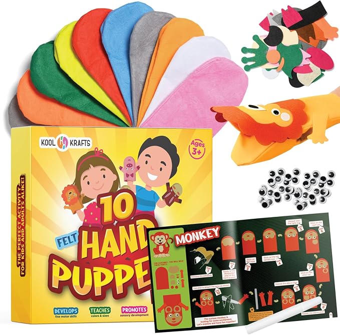 Hand Puppet Kit – Make Your Own Animal Characters, 10 Felt Pieces, Simple Step-by-Step Instructions, Arts & Crafts Activity for Kids, Role Play & Storytelling Birthday Gift