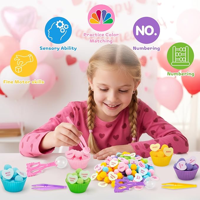 EZdhuawuse Summer Sensory Bin Fillers - 268P Fine Motor Toy Counting Sorting Set for Kid Birthday Easter Gift, Felt Phrases Heart Colorful Pom Poms Cup Clip for Preschool Education Activities