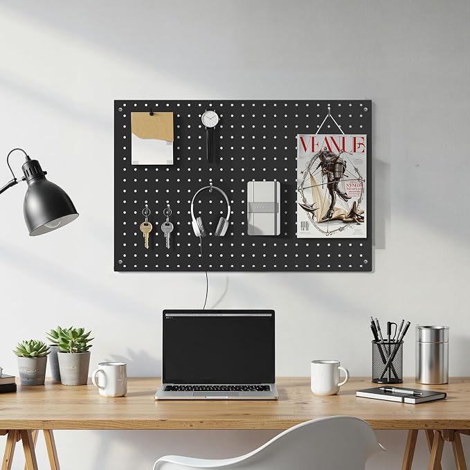 Peg Board, 2 Pack Metal Pegboard Panels Black Pegboards Wall Organizer with Frame Large Heavy Duty Peg Board with Hooks for Walls Home,Garage Tool Storage,Office Organization,Kitchen 24”×16”