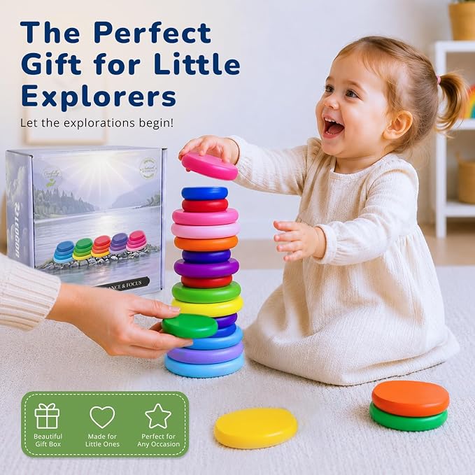 LEOGOR Extra-Large Wooden Stacking Rocks (20 PCS) – Montessori Balancing Stones for Toddlers 1-3 – Safe Sensory Open Ended Play Toys & STEM Building Blocks for Boys & Girls