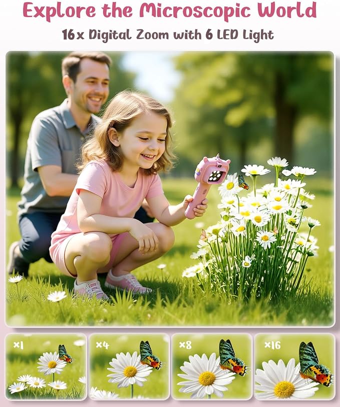 Microscope Camera for Kids Gifts Toys- Handheld Pocket Microscope Autofocus | 2.4" Screen Mini Digital Educational Science Kit for Christmas Birthday for Age 3-5 5-7 8-12 Girls Boys(Pink)