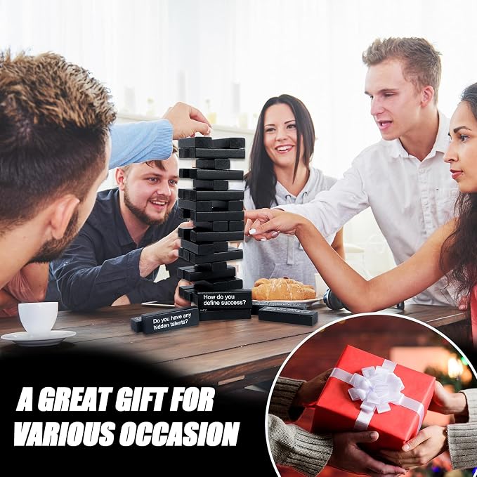 Tumbling Tower Question Game 54 Fun Conversation Starters Questions with Box and Storage Bag Wooden Tumbling Stacking Blocks for Adults Family Night Games Team-Building Get to Know Each Other