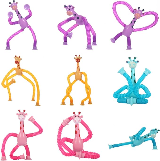 XONTEUS 4 Pcs Pop Tubes Giraffe Travel Airplane Road Trip Car Activities Essential, Telescopic Suction Cup Sensory Fidget Toys,Screen-Free Activity for Toddler 3+ and Kids, Stocking Stuffers for Kids