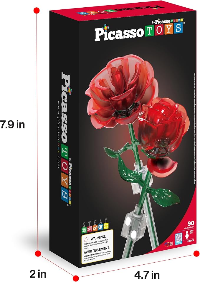 PicassoTiles Red Stem Roses Building 90pc Kit with Magnetic Hold Pieces Creative Flower Construction Toy Hands-On Play Discovery Activity Playset Kids Toys Girls Boys Ages 3+ PBS201
