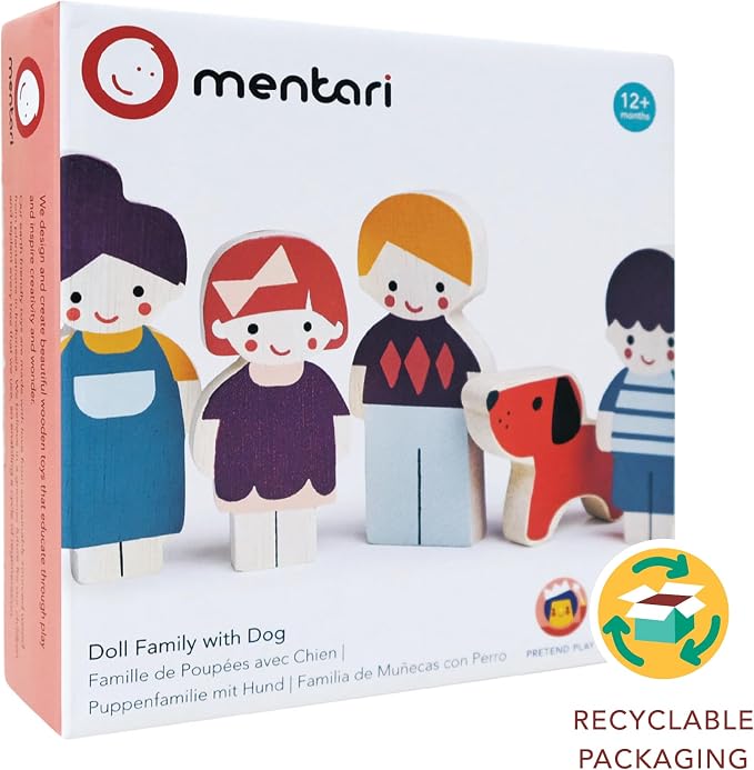 Mentari Toys - Doll Family with Dog - 5pc Solid Wood Doll Set with Playful Pup - Perfectly Sized for Pockets and Little Hands - Encourages Imaginative Play and Social Skills - Age 12m+