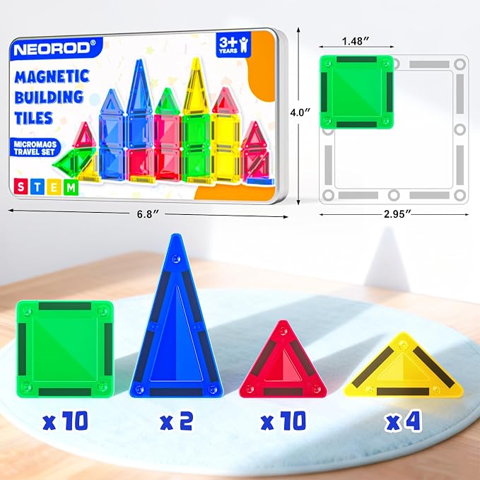 NEOROD Mini Magnetic Tiles, STEM Travel Building Blocks for Kids 3-8 | 26 pcs compact magnet toys with metal box, ABS smooth rounded corners, fine motor & color sorting, road trip essentials