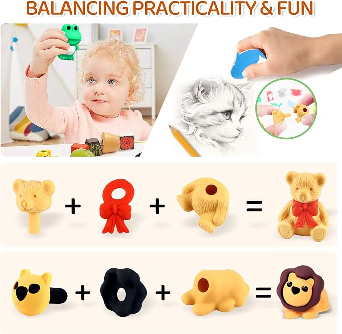 URSKYTOUS 151Pcs Animal Erasers Desk Pets for Kids Animal Pencil Erasers Bulk Puzzle Eraser Toys Gifts for Classroom Prizes,Game Reward,Treasure Box,Easter Egg Fillers,Goodie Bag Stuffer,Party Favors