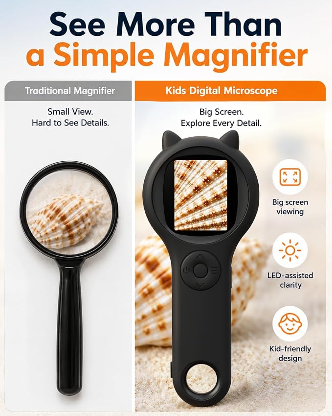 Digital Microscope for Kids School Projects, 500X Portable Microscope with 2" IPS Screen, STEM Science Tool for Kids Age 6-12 (Black)