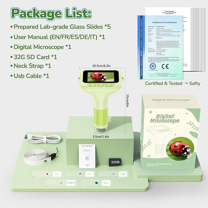 Kids Digital Microscope with 3-Inch Screen: STEM Toy Science Gift Ages 4-12 | 32GB Card, 1000X Zoom, Rechargeable, Photo/Video, Connect to PC, 8 LEDs, 6 Brightness Levels, One-Touch Capture