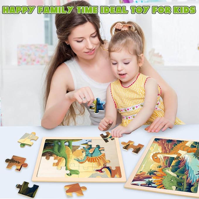 4-Pack Wooden Puzzles for Kids Ages 3-5, 24-Piece Dinosaurs Toddler Set | Toddler Puzzles Ages 3-5, Preschool Puzzles with Wooden Jigsaw Boards for Fine Motor Skills, Shape Recognition and Travel