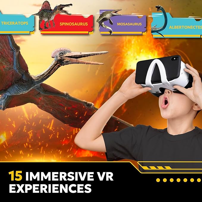 National Geographic Extinction- Kids VR STEM Science Kit, Gift Ages 8-12 | Virtual reality goggles, AR dinosaur discovery, 40-page book, 20in T-rex fossil build & display, learn archaeology & history