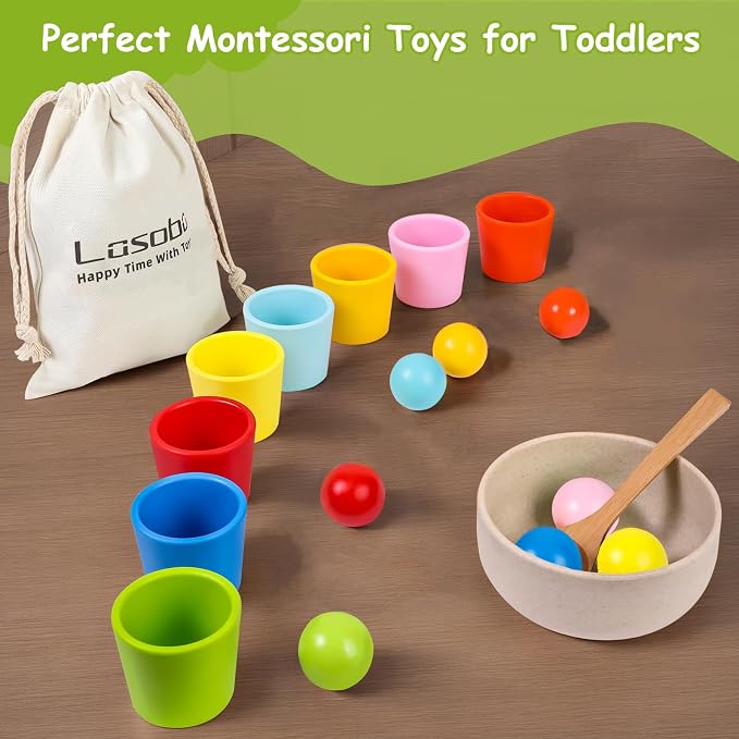 Rainbow Balls in Cups Toddler Montessori Toys (8 Balls, 1.4 in) | Color Sorting Toys for Toddlers for 3 Year Old Up, Learning Color Sorting and Counting, Kids Preschool Wooden Matching Games