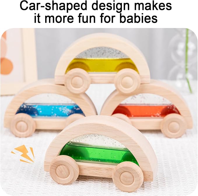 Dinhon Wooden Acrylic Water Glitter Car Toys for Toddlers 2-4, 4 Pack Colorful Sensory Water-Filled Cars, Montessori Toy Set for Boys Girls, Acrylic Rainbow Building Block Matching Products