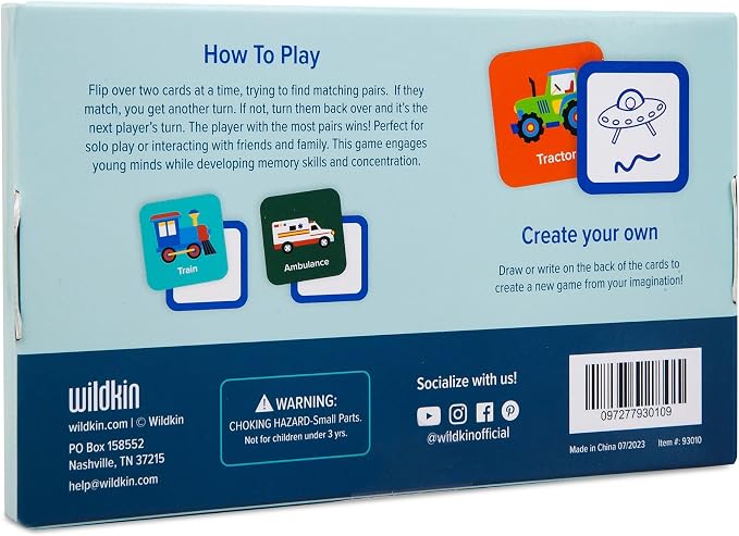 Wildkin Memory Matching Game – 18 Educational Pairs for Toddlers & Preschool - Transportation