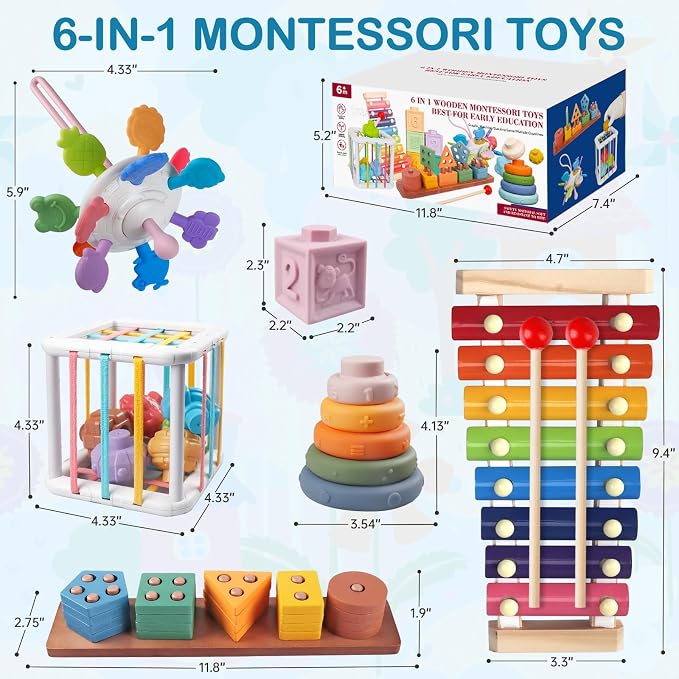 Montessori Toys for Baby Toddlers, 6-in-1 Wooden Shape Sorting Stacking Set | Building Blocks Sensory Teether Xylophone Activity Toys Gift for Kids, Encourage Fine Motor Skills, Hand-Eye Coordination